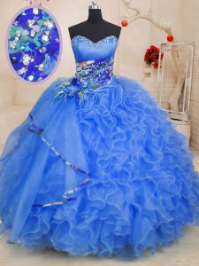 Unique Blue Sleeveless Organza Lace Up Sweet 16 Quinceanera Dress for Military Ball and Sweet 16 and Quinceanera