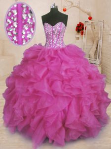 Popular Sleeveless Organza Floor Length Lace Up Quinceanera Dress in Fuchsia with Beading and Ruffles