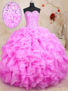 Rose Pink Sleeveless Beading and Ruffles Floor Length Sweet 16 Dresses