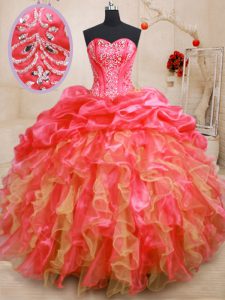 Clearance Red Ball Gowns Beading and Ruffles Quinceanera Gown Lace Up Organza Sleeveless Floor Length