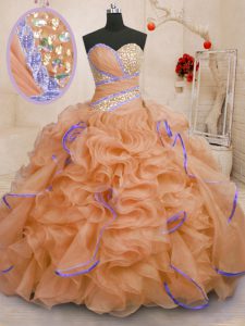 With Train Lace Up Quinceanera Gowns Orange for Military Ball and Sweet 16 and Quinceanera with Beading and Ruffles Brush Train