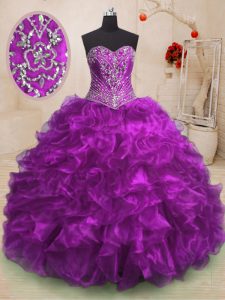 Purple Sweetheart Neckline Beading and Ruffles Sweet 16 Dress Sleeveless Lace Up