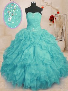 Artistic Aqua Blue Sleeveless Floor Length Beading and Ruffles Lace Up Quinceanera Dress