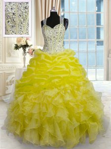 Organza Straps Sleeveless Zipper Beading and Ruffles 15th Birthday Dress in Yellow