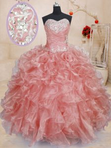 Sweetheart Sleeveless Lace Up Quinceanera Gown Watermelon Red Organza