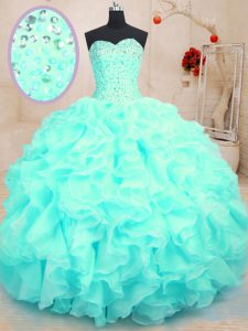 Deluxe Floor Length Lace Up Quinceanera Gown Aqua Blue for Military Ball and Sweet 16 and Quinceanera with Beading and Ruffles