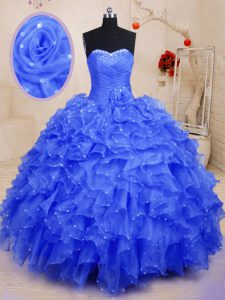 Graceful Floor Length Lace Up Sweet 16 Dress Blue for Military Ball and Sweet 16 and Quinceanera with Beading and Ruffles and Hand Made Flower