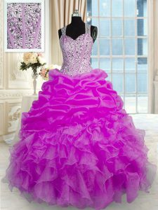 Fine Fuchsia Ball Gowns Straps Sleeveless Organza and Taffeta Floor Length Zipper Beading and Ruffles and Pick Ups Sweet 16 Dresses