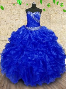 Latest Royal Blue Sleeveless Floor Length Beading and Ruffles and Ruching Lace Up Quinceanera Gowns