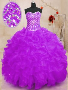 Customized Purple Ball Gowns Sweetheart Sleeveless Organza Floor Length Lace Up Beading and Ruffles and Sequins Quinceanera Gown