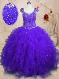 Floor Length Purple Ball Gown Prom Dress Tulle Cap Sleeves Beading and Ruffles and Sequins