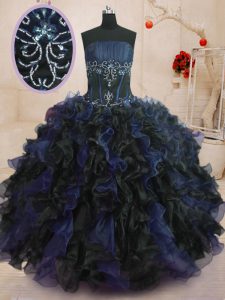 Sleeveless Organza Floor Length Lace Up Sweet 16 Dresses in Blue And Black with Beading and Ruffles