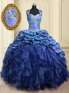 Cheap Pick Ups With Train Ball Gowns Cap Sleeves Blue Quinceanera Dresses Brush Train Lace Up