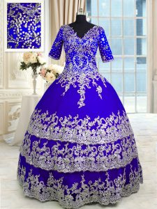 Nice Blue Satin and Tulle Zipper V-neck Half Sleeves Floor Length Quinceanera Dress Appliques and Ruffled Layers