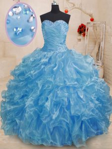 Blue Organza Lace Up Sweetheart Sleeveless Floor Length 15th Birthday Dress Beading and Ruffles