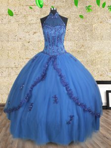 Blue 15 Quinceanera Dress Military Ball and Sweet 16 and Quinceanera and For with Beading Halter Top Sleeveless Lace Up