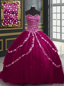 Exquisite Burgundy and Fuchsia Sleeveless Tulle Brush Train Lace Up Quinceanera Gown for Military Ball and Sweet 16 and Quinceanera