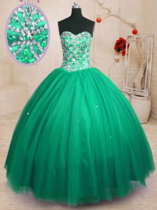 Most Popular Dark Green Lace Up Sweetheart Beading Quinceanera Gowns Tulle Sleeveless