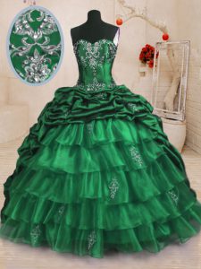 Delicate Dark Green Lace Up Sweetheart Beading and Appliques and Ruffled Layers and Pick Ups Sweet 16 Quinceanera Dress Organza and Taffeta Sleeveless Sweep Train