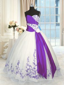 Floor Length Lace Up Quince Ball Gowns White And Purple for Military Ball and Sweet 16 and Quinceanera with Embroidery and Sashes ribbons