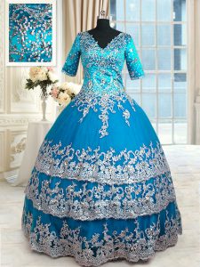 Custom Fit Half Sleeves Floor Length Beading and Lace and Appliques and Ruffled Layers Zipper Sweet 16 Dress with Teal