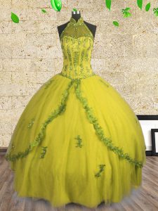 Colorful Yellow Lace Up Halter Top Beading Quince Ball Gowns Tulle Sleeveless