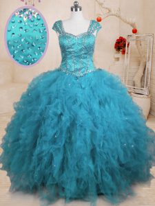 Baby Blue Square Lace Up Beading and Ruffles Sweet 16 Dresses Cap Sleeves