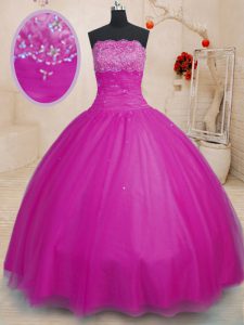 Custom Fit Fuchsia Strapless Neckline Beading 15th Birthday Dress Sleeveless Lace Up
