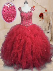 Floor Length Red Quinceanera Dresses Tulle Cap Sleeves Beading and Ruffles