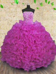 On Sale Fuchsia Sleeveless Organza Lace Up Quinceanera Dresses for Military Ball and Sweet 16 and Quinceanera
