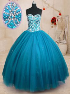 Teal Tulle Lace Up Sweetheart Sleeveless Floor Length Vestidos de Quinceanera Beading