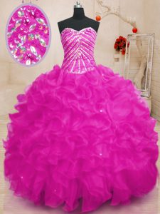 Fuchsia Quinceanera Gown Military Ball and Sweet 16 and Quinceanera and For with Beading and Ruffles and Sequins Sweetheart Sleeveless Lace Up