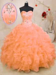 Orange Ball Gowns Organza Sweetheart Sleeveless Beading and Ruffles Floor Length Lace Up Quince Ball Gowns