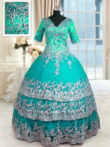 Hot Sale Turquoise Half Sleeves Beading and Lace and Appliques and Ruffled Layers Floor Length Quince Ball Gowns