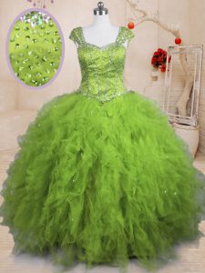 Stylish Beading and Ruffles Quinceanera Dresses Olive Green Lace Up Short Sleeves Floor Length