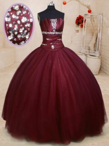 Ball Gowns Sweet 16 Quinceanera Dress Burgundy Strapless Tulle Sleeveless Floor Length Lace Up