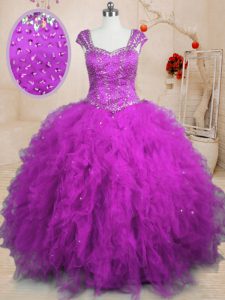 Exceptional Square Cap Sleeves Lace Up Quinceanera Gowns Purple Tulle