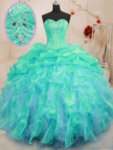 Organza Sweetheart Sleeveless Lace Up Beading and Ruffles Quinceanera Dresses in Turquoise
