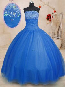 Blue Strapless Lace Up Beading 15 Quinceanera Dress Sleeveless