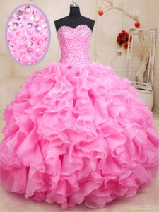 Lovely Organza Sweetheart Sleeveless Lace Up Beading and Ruffles Vestidos de Quinceanera in Rose Pink