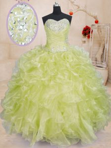 Yellow Green Ball Gowns Organza Sweetheart Sleeveless Beading and Ruffles Floor Length Lace Up Ball Gown Prom Dress
