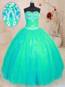 Sophisticated Sweetheart Sleeveless Lace Up Ball Gown Prom Dress Turquoise Tulle and Sequined