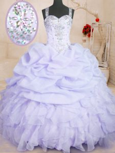 Elegant Floor Length Lavender 15th Birthday Dress Organza Sleeveless Beading and Ruffles and Pick Ups