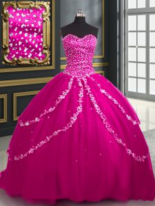 Inexpensive Fuchsia Ball Gowns Sweetheart Sleeveless Tulle With Brush Train Lace Up Beading and Appliques Sweet 16 Dress