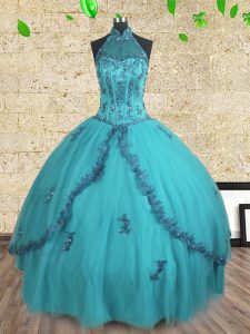 Chic Halter Top Sleeveless Floor Length Beading Lace Up 15 Quinceanera Dress with Teal