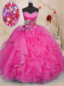 Hot Pink Lace Up Quinceanera Dress Beading and Ruffles Sleeveless Floor Length