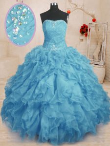 Baby Blue Sleeveless Beading and Ruffles and Ruching Floor Length Ball Gown Prom Dress