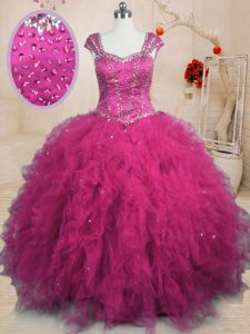 Nice Cap Sleeves Beading and Ruffles Lace Up Quinceanera Gown
