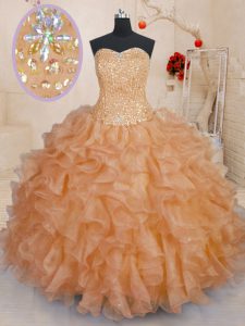 Luxurious Orange Sleeveless Floor Length Beading and Ruffles Lace Up Quinceanera Dress