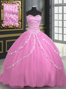 Super Rose Pink Ball Gowns Beading and Appliques Sweet 16 Dress Lace Up Tulle Sleeveless With Train